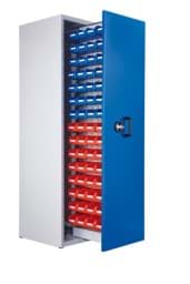 Zeige Details für Zugwagenschrank, 1 Auszug, 2000x590x600 mm HxBxT, mit Schlitzplatte, einseitig bestückt, 60 Lagersichtkästen Gr. 7, Korpus RAL 7035 lichtgrau, Türen RAL 5010 enzianblau Bild von Zugwagenschrank, 1 Auszug, 2000x590x600 mm HxBxT, mit Schlitzplatte, einseitig bestückt, 60 Lagersichtkästen Gr. 7, Korpus RAL 7035 lichtgrau, Türen RAL 5010 enzianblau