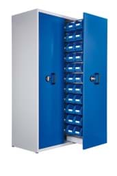 Zeige Details für Zugwagenschrank, 2 Auszüge, 2000x1100x600 mm HxBxT, mit Schlitzplatte, einseitig bestückt, 33 Lagersichtkästen Gr. 6, Korpus RAL 7035 lichtgrau, Türen RAL 5010 enzianblau Bild von Zugwagenschrank, 2 Auszüge, 2000x1100x600 mm HxBxT, mit Schlitzplatte, einseitig bestückt, 33 Lagersichtkästen Gr. 6, Korpus RAL 7035 lichtgrau, Türen RAL 5010 enzianblau