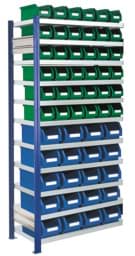 Zeige Details für Sichtlagerkästen-Anbauregal, Modell 14, Profile RAL 5010 enzianblau Bild von Sichtlagerkästen-Anbauregal, Modell 14, Profile RAL 5010 enzianblau