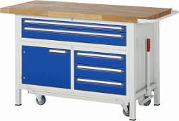 Zeige Details für Werkbank mit absenkbarem Fahrgestell Modell 8922, B 1500xT 700xH 920mm, Buche-Massiv-Platte 40mm
 Bild von Werkbank mit absenkbarem Fahrgestell Modell 8922, B 1500xT 700xH 920mm, Buche-Massiv-Platte 40mm