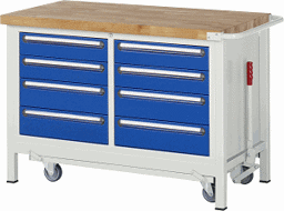 Zeige Details für Werkbank mit absenkbarem Fahrgestell Modell 8477, B 1250xT 700xH 880mm, Buche-Massiv-Platte 40mm Bild von Werkbank mit absenkbarem Fahrgestell Modell 8477, B 1250xT 700xH 880mm, Buche-Massiv-Platte 40mm