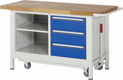 Zeige Details für Werkbank mit absenkbarem Fahrgestell Modell 8462, B 1500xT 700xH 880mm, Buche-Massiv-Platte 40mm
 Bild von Werkbank mit absenkbarem Fahrgestell Modell 8462, B 1500xT 700xH 880mm, Buche-Massiv-Platte 40mm