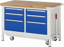 Zeige Details für Werkbank mit absenkbarem Fahrgestell Modell 8475, B 1250xT 700xH 880mm, Buche-Massiv-Platte 40mm Bild von Werkbank mit absenkbarem Fahrgestell Modell 8475, B 1250xT 700xH 880mm, Buche-Massiv-Platte 40mm