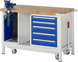 Zeige Details für Werkbank mit absenkbarem Fahrgestell Modell 8187, B 1250xT 700xH 880mm, Buche-Massiv-Platte 40mm Bild von Werkbank mit absenkbarem Fahrgestell Modell 8187, B 1250xT 700xH 880mm, Buche-Massiv-Platte 40mm
