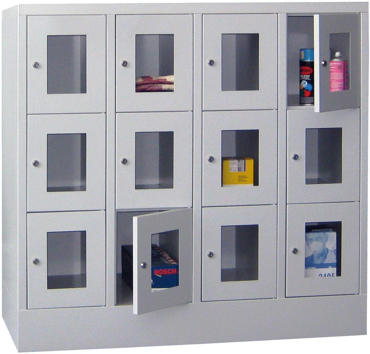 Bild von Schliessfachschrank mit Sichtfenster, 4 Abteile mit je 300 mm, 3 Fächer übereinander, Total 12 Fächer