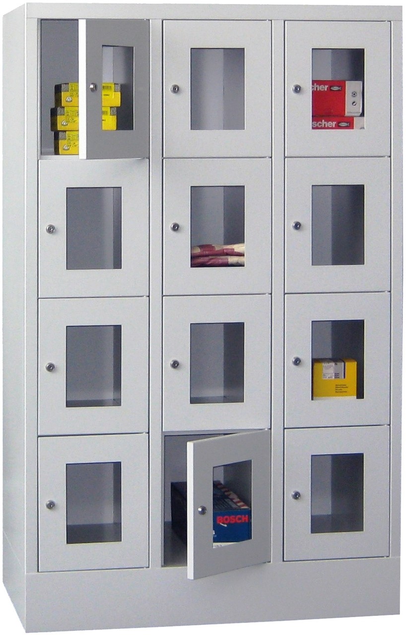 Bild von Schliessfachschrank mit Sichtfenster, 3 Abteile mit je 300 mm, 4 Fächer übereinander, Total 12 Fächer