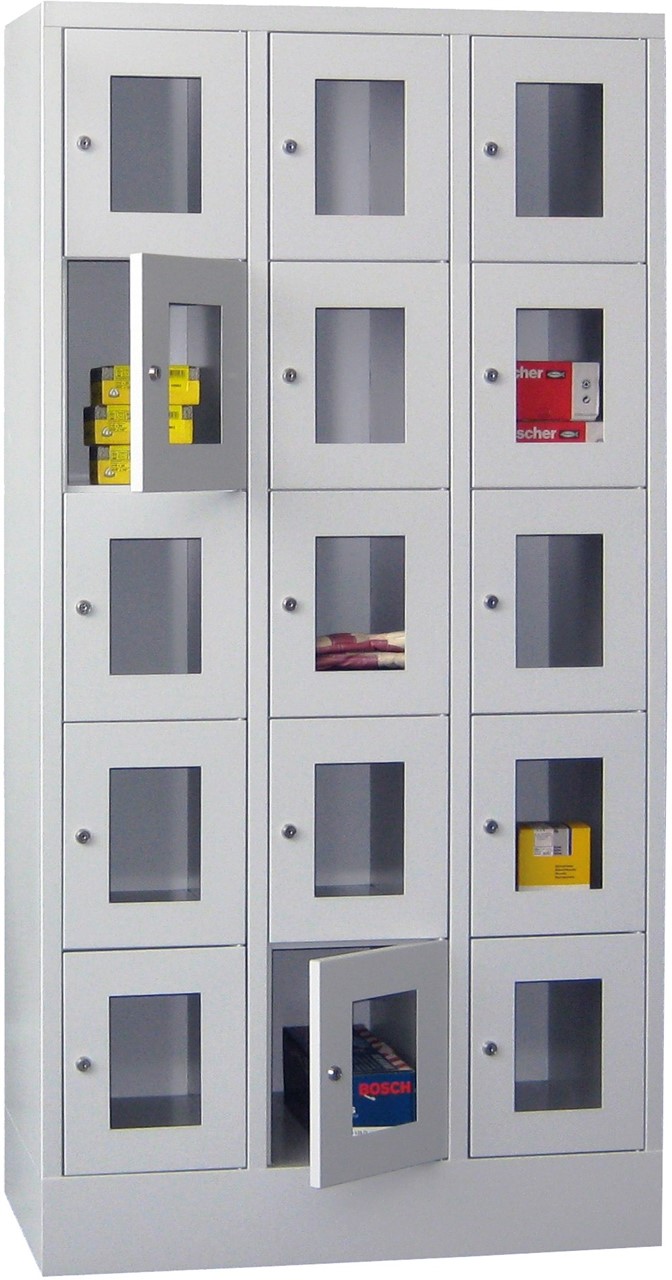 Bild von Schliessfachschrank mit Sichtfenster, 3 Abteile mit je 300 mm, 5 Fächer übereinander, Total 15 Fächer