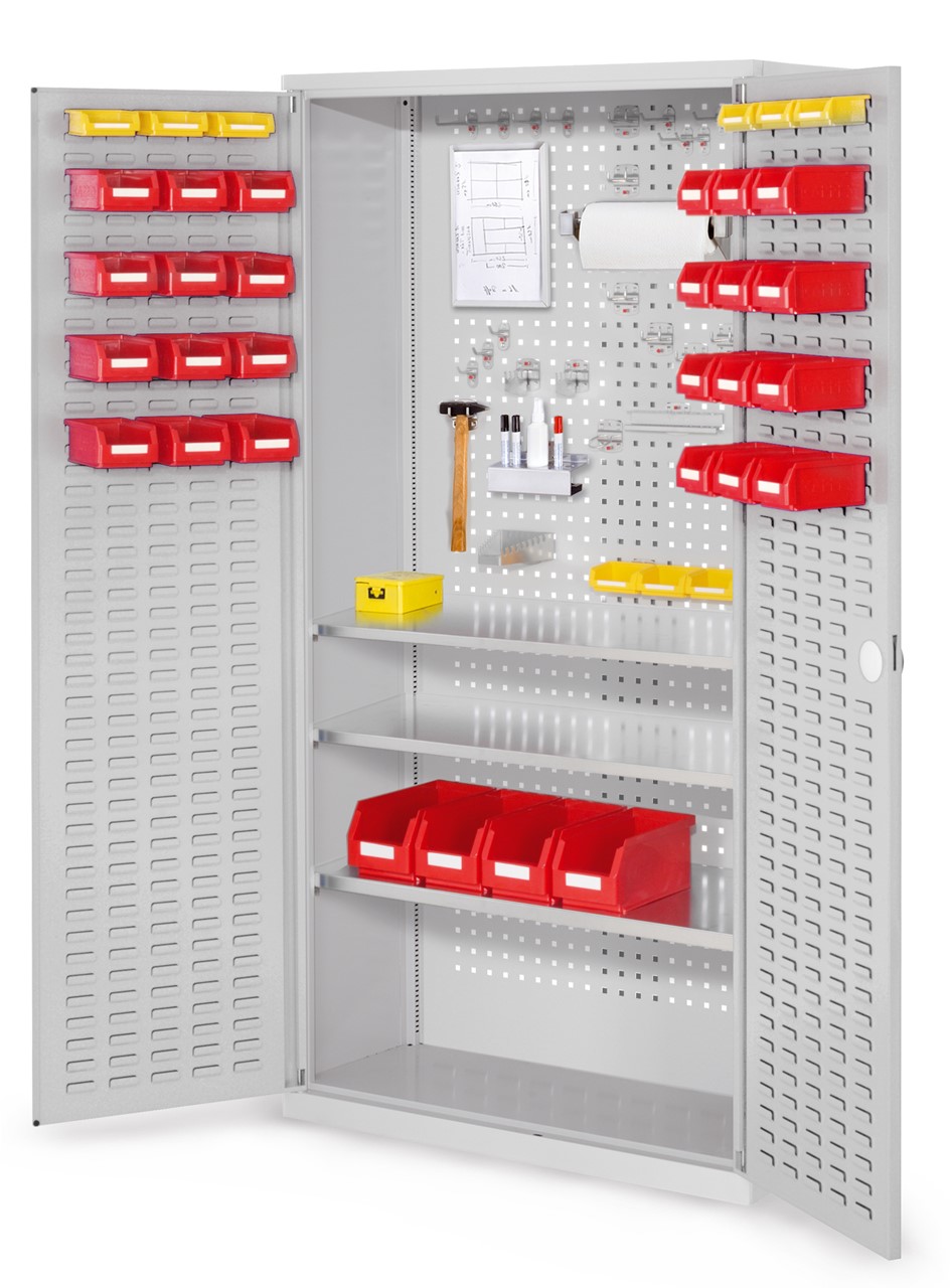 Bild von Werkzeugschrank, 1950x1000x410 mm HxBxT, mit Schlitzplattentüren, 3 Fachböden, Korpus RAL 7035 lichtgrau, Türen RAL 7035 lichtgrau