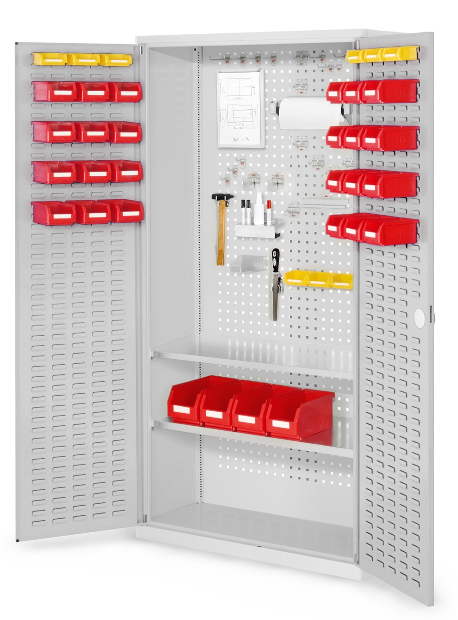 Bild von Werkzeugschrank, 1950x1000x410 mm HxBxT, mit Schlitzplattentüren, 2 Fachböden, Korpus RAL 7035 lichtgrau, Türen RAL 7035 lichtgrau