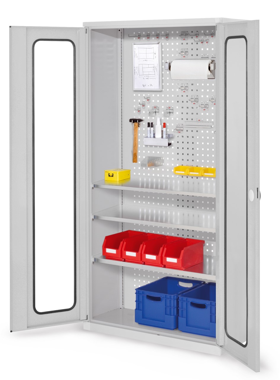 Bild von Werkzeugschrank, 1950x1000x410 mm HxBxT, mit Sichtfenstertüren, 3 Fachböden, Korpus RAL 7035 lichtgrau, Türen RAL 7035 lichtgrau