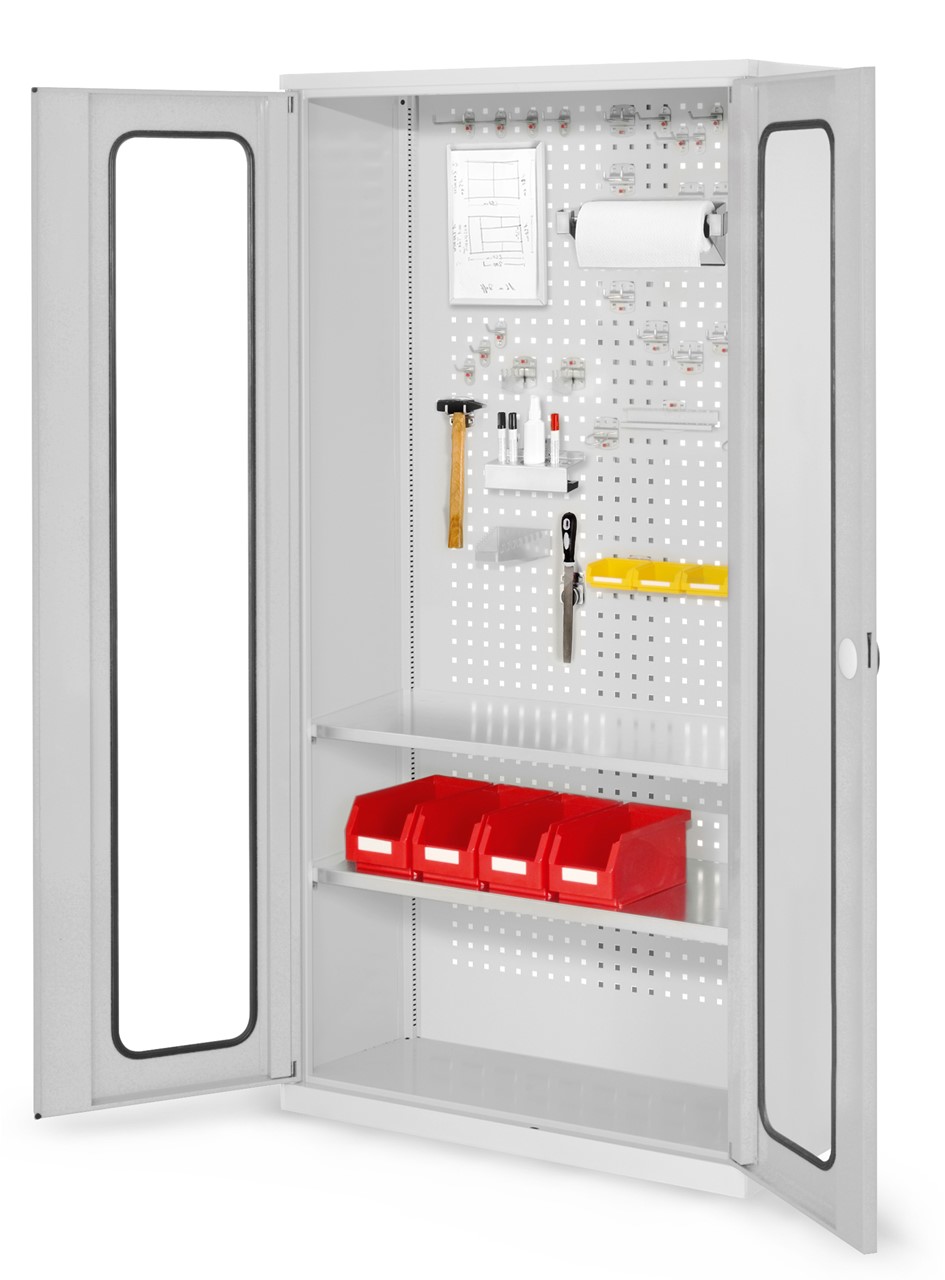 Bild von Werkzeugschrank, 1950x1000x410 mm HxBxT, mit Sichtfenstertüren, 2 Fachböden, Korpus RAL 7035 lichtgrau, Türen RAL 7035 lichtgrau