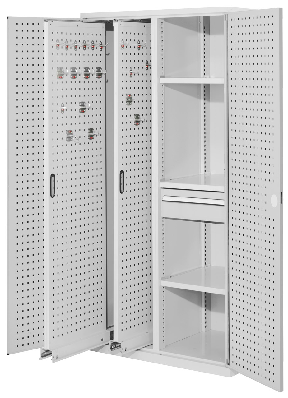 Bild von Vertikalschrank 1950x1000x600 mm HxBxT, 2 Auszüge, 3 Fachböden Breite 500 mm, 1 Schublade Höhe 175x Breite 500 mm, Korpus RAL 7035 lichtgrau, Türen RAL 7035 lichtgrau