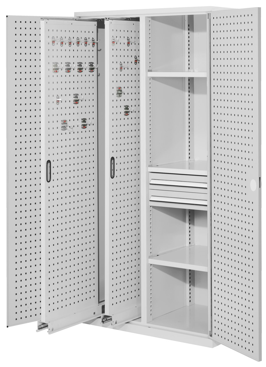 Bild von Vertikalschrank 1950x1000x600 mm HxBxT, 2 Auszüge, 3 Fachböden Breite 500 mm, 2 Schublade Höhe 100x Breite 500 mm, Korpus RAL 7035 lichtgrau, Türen RAL 7035 lichtgrau