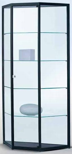 Bild von Trapezivitrine mit Drehtüre 1820x955x290 mm HxBxT mit 3-seitige ESG-Verglasung, eckige Profile, Bodenplatte silber