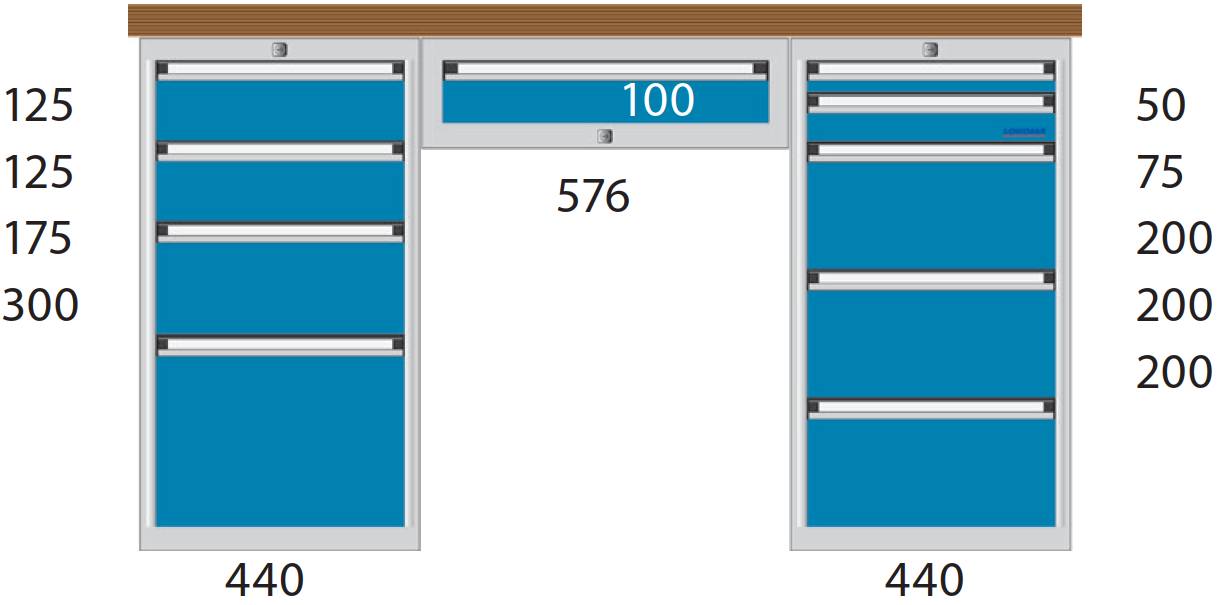 Bild von Werkbank 1500x700x850 mm LxTxH mit Schubladenschränken