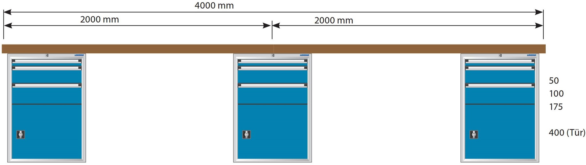 Bild von Werkbank 4000x700x850 mm LxTxH mit Schubladenschränken