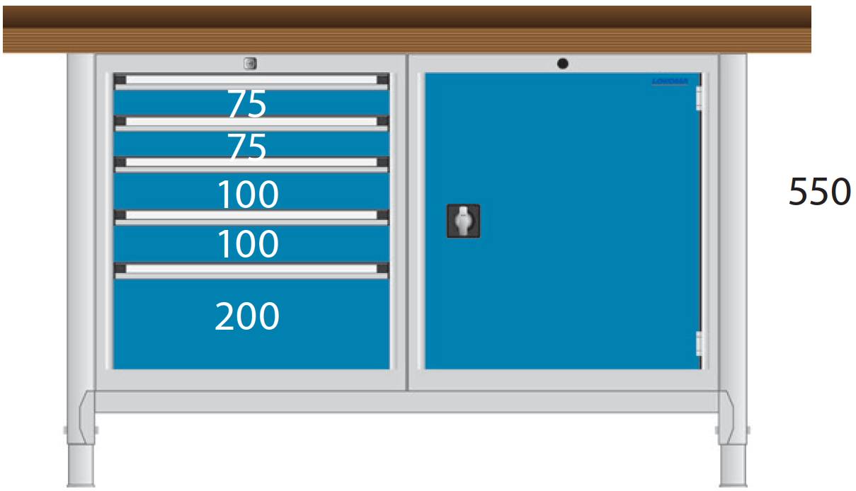Bild von Werkbank 1500x700x850 mm LxTxH mit Schubladenschrank