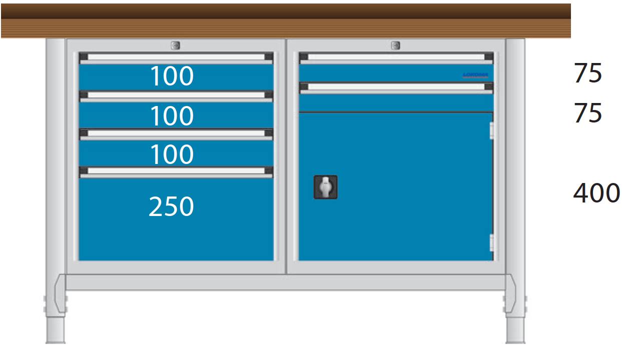 Bild von Werkbank 1500x700x850 mm LxTxH mit Schubladenschrank