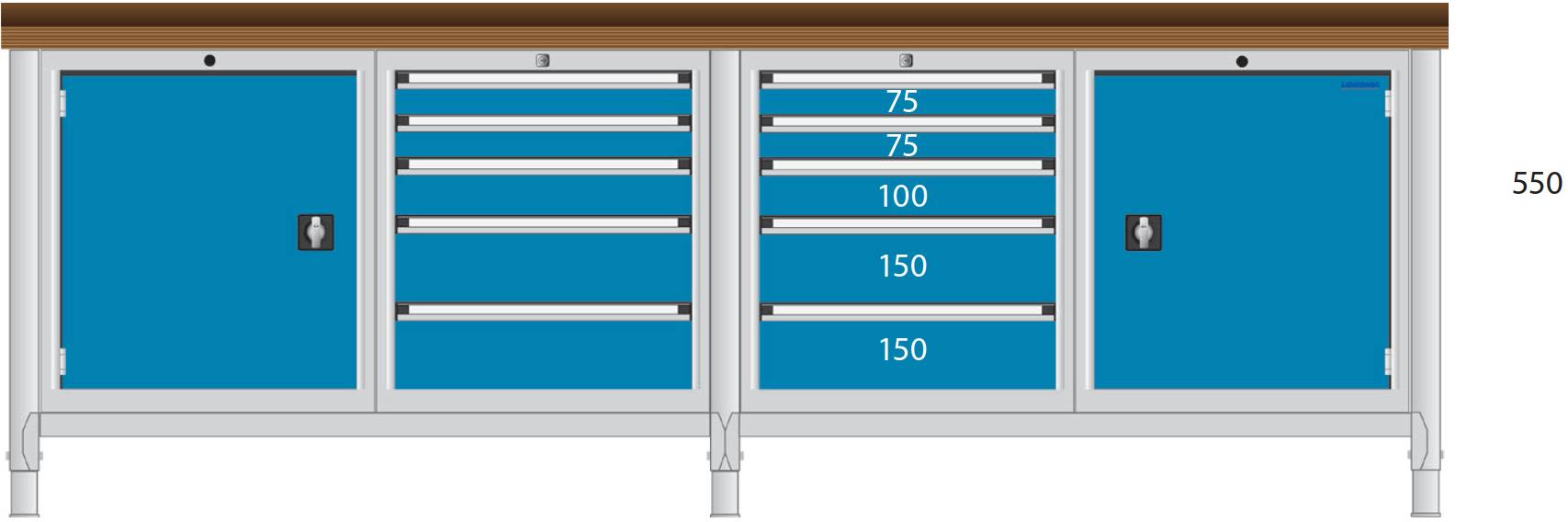 Bild von Werkbank 2500x700x850 mm LxTxH mit Schubladenschränken