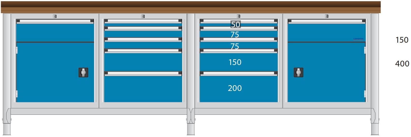 Bild von Werkbank 2500x700x850 mm LxTxH mit Schubladenschränken