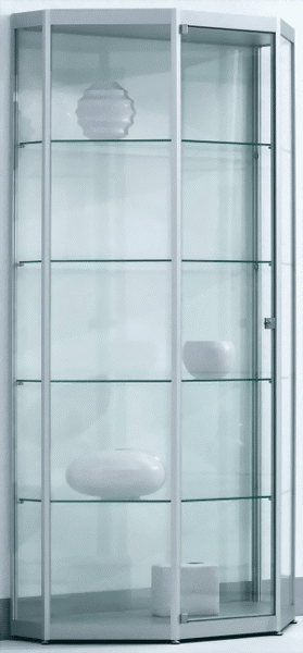 Bild von Trapezerkervitrine mit Drehtüre 1820x920x460 mm HxBxT mit 5-seitige ESG-Verglasung, eckige Profile, Bodenplatte silber
