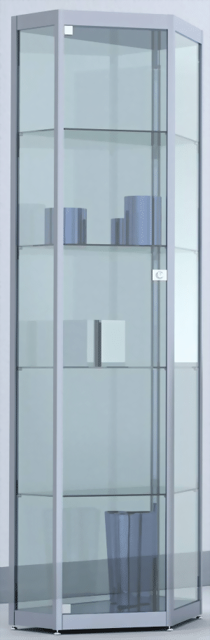 Bild von Spitzeckvitrine mit Drehtüre 1820x620x410 mm HxBxT mit 4-seitiger ESG-Verglasung, eckige Profile, Bodenplatte silber