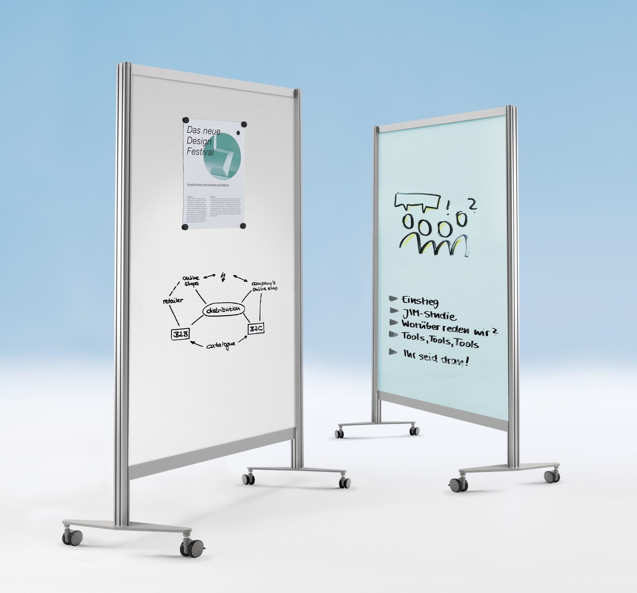 Bild von Mobile Trennwand / Moderationswand, 1 Seite Glastafel / 1 Seite Whiteboard, 1000x40(450)x1900mm (B/T/H)