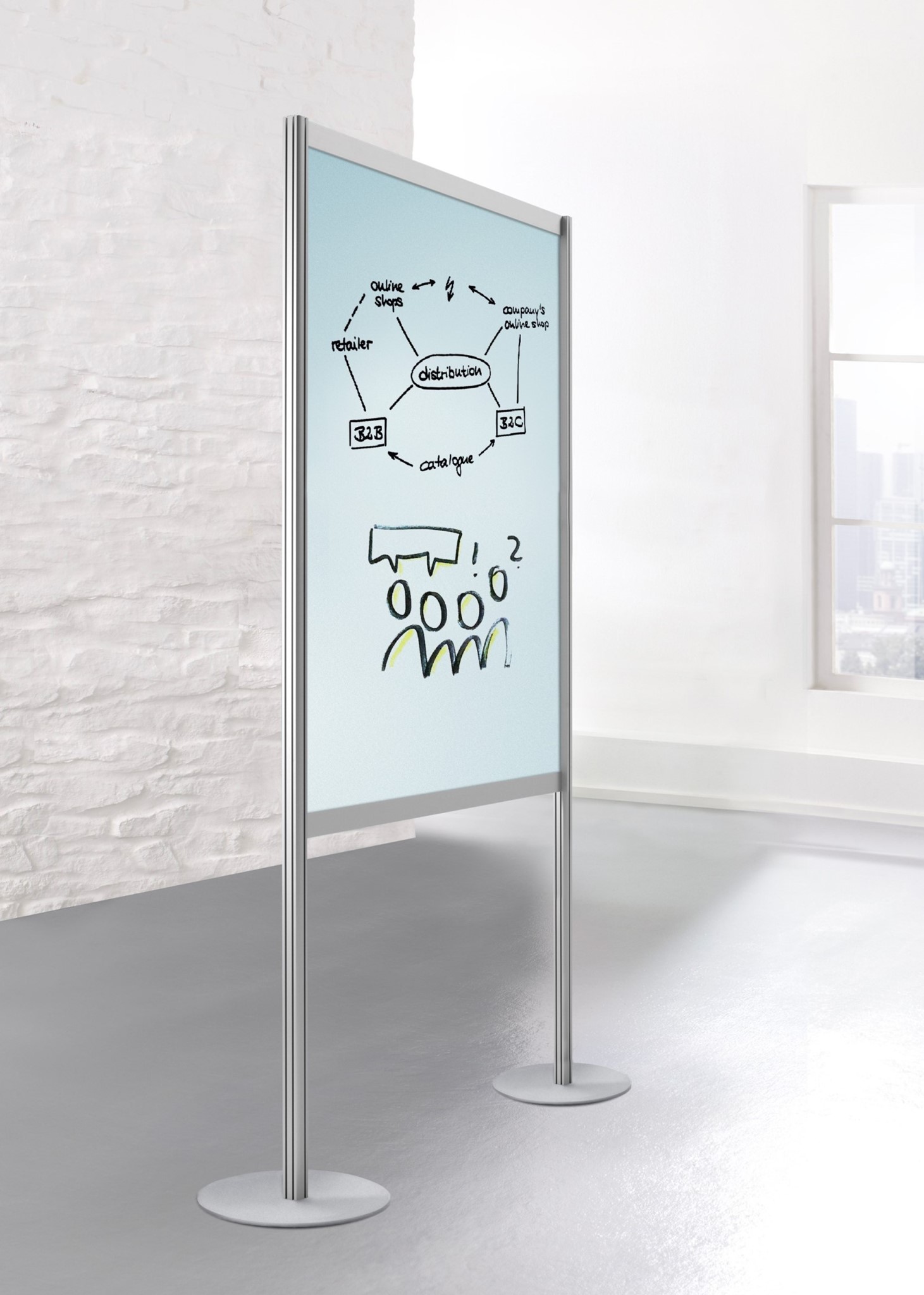 Bild von Freistehendes Tafelmodul m. Fußplatten Ø 350, 1 Seite Glastafel / 1 Seite Whiteboard, 1000x40(350)x1900(1280)mm (B/T/H)