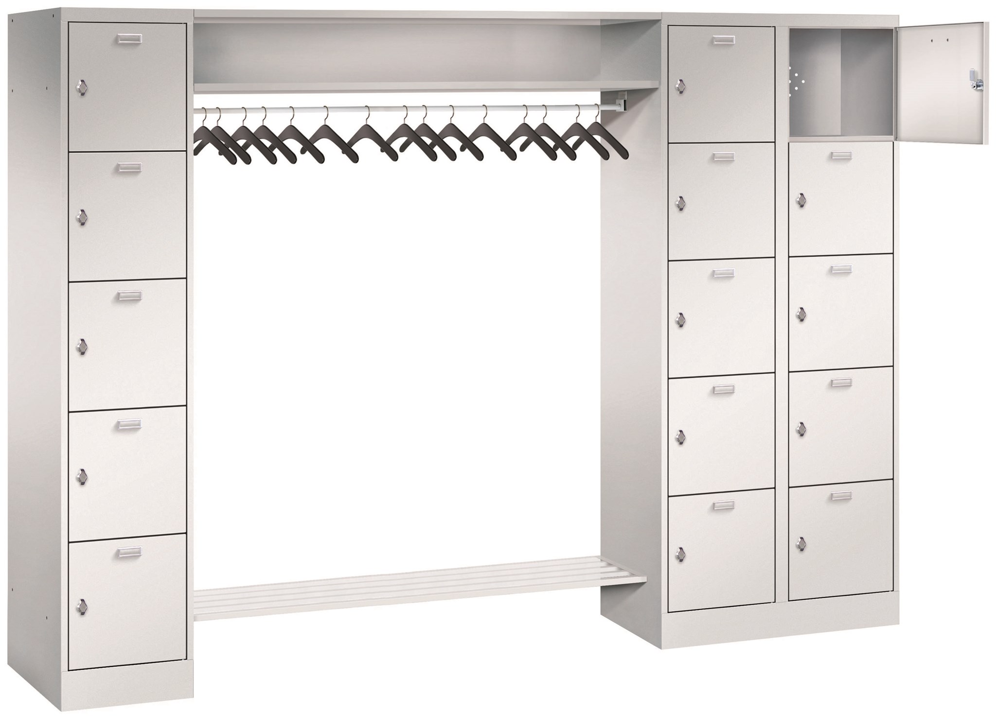 Bild von offene Garderobe mit links 5 Fächer und rechts 10 Fächer, Breite links 400 mm und rechts 800 mm