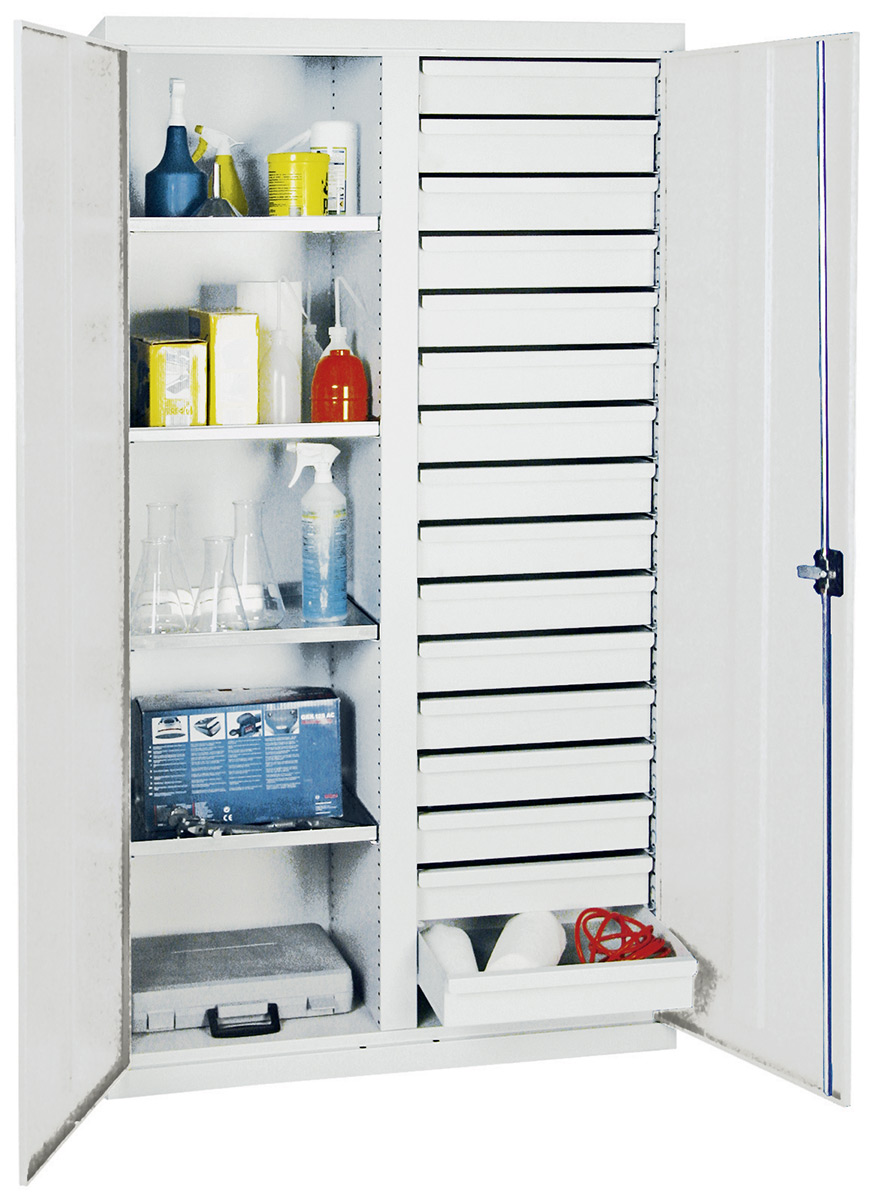 Bild von Werkstattschrank 1800 x 1000 x 500 mm HxBxT mit Trennwand und 16 Schubladen