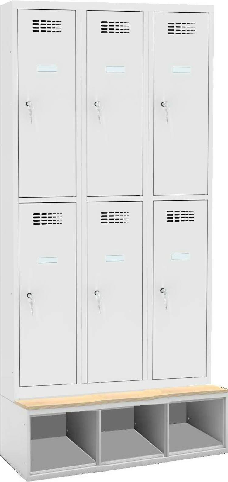 Bild von Garderobenschrank auf Schuhfach mit Sitzbank, 3 Abteile mit 6 Fächern mit 300 mm Abteilbreite