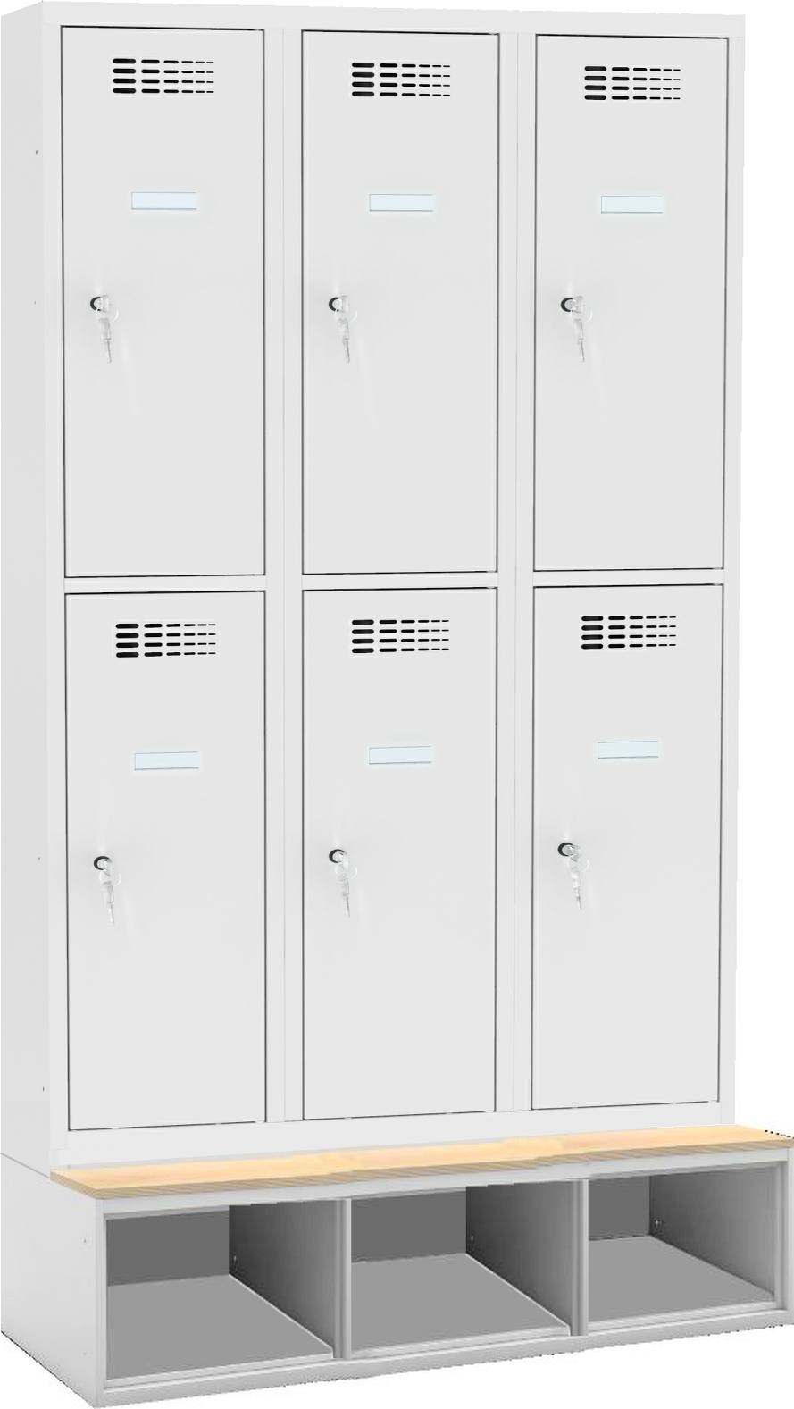 Bild von Garderobenschrank auf Schuhfach mit Sitzbank, 3 Abteile mit 6 Fächern mit 400 mm Abteilbreite