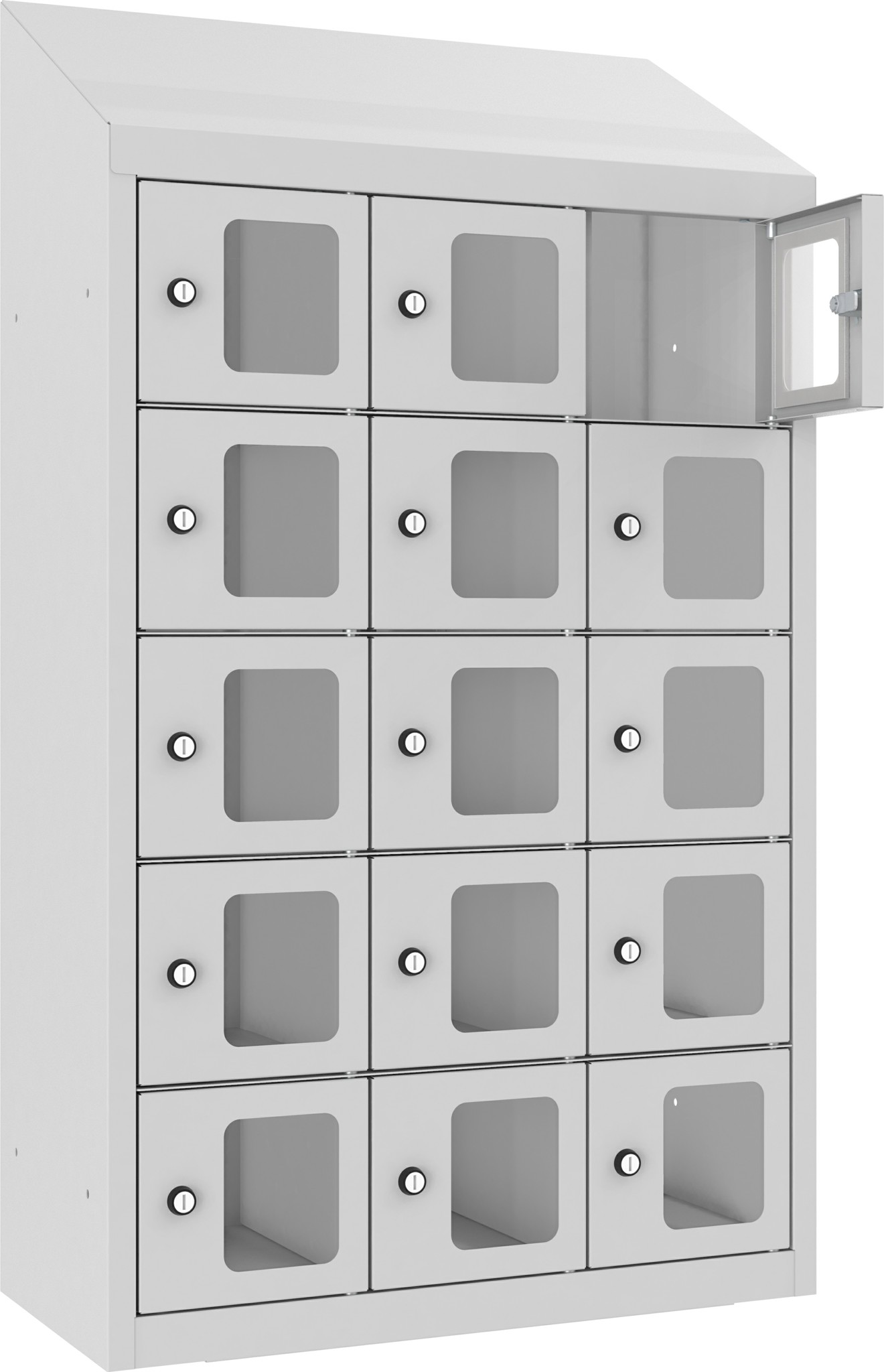 Bild von Wandschliessfachschrank mit Schrägdach und Sichtfenster SUS 235WP, 620 mm, 3 Abteil mit 5 Fächer übereinander, Total 15 Fächer