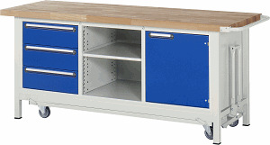 Bild von Werkbank mit absenkbarem Fahrgestell Modell 8563, B 2000xT 700xH 880mm, Buche-Massiv-Platte 40mm