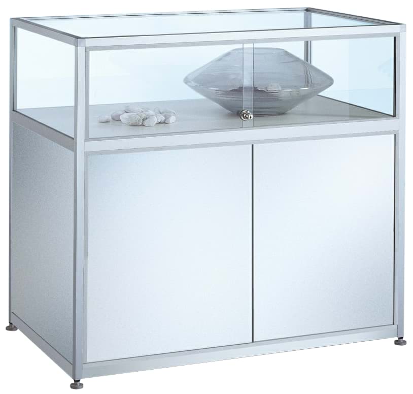 Bild von Tischvitrine 1000x1000x600 mm HxBxT mit 5-seitig verglastes Vitrinenoberteil ESG, runde Profile