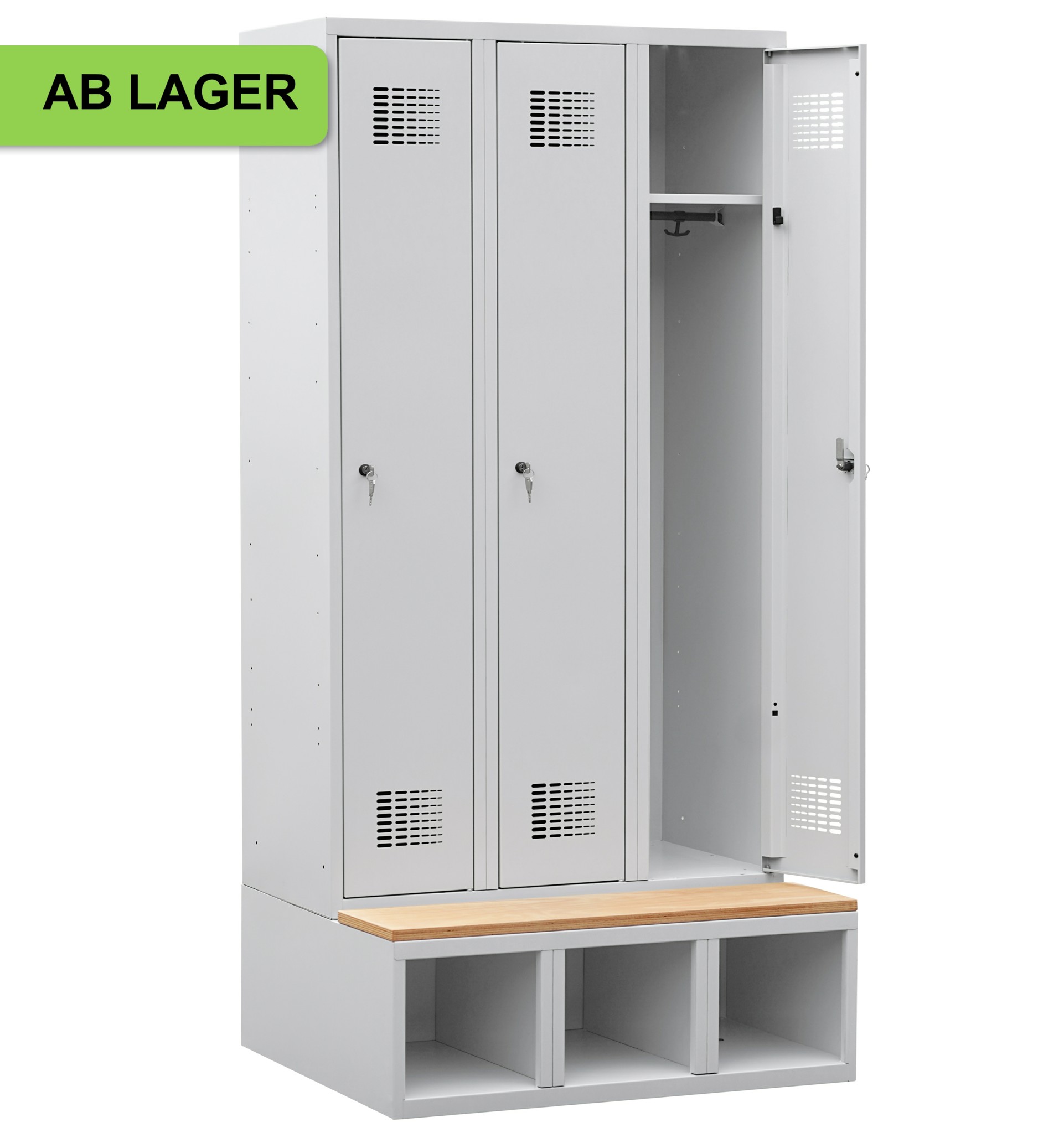 Bild von Garderobenschrank auf Schuhfach mit Sitzbank, 3 Abteile mit 400 mm Abteilbreite ab Lager