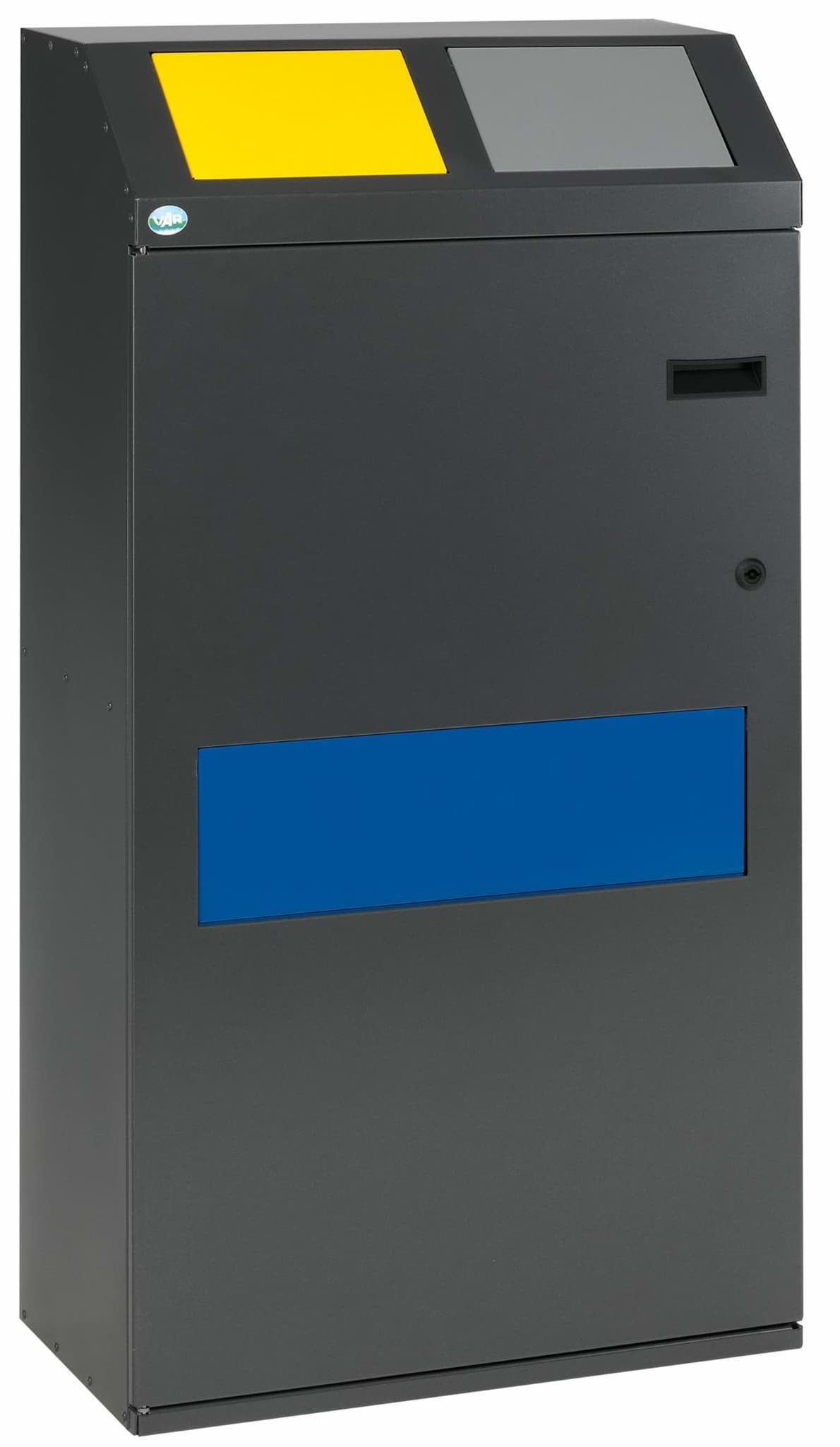 Bild von Wertstoffsammelstation WSS 115 3-Fach Korpus Eisenglimmer, Einwurfklappen gelb, silber, blau
