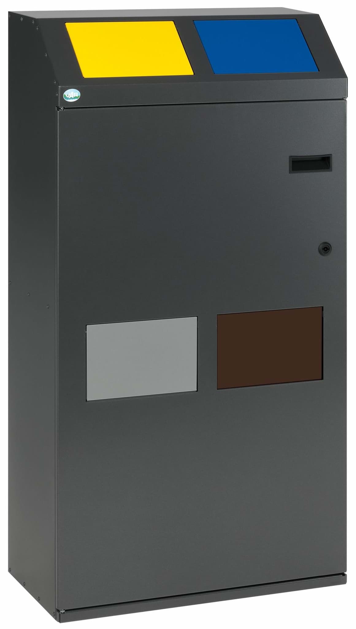 Bild von Wertstoffsammelstation WSS 115 4-Fach Korpus Eisenglimmer, Einwurfklappen gelb, silber, blau, braun