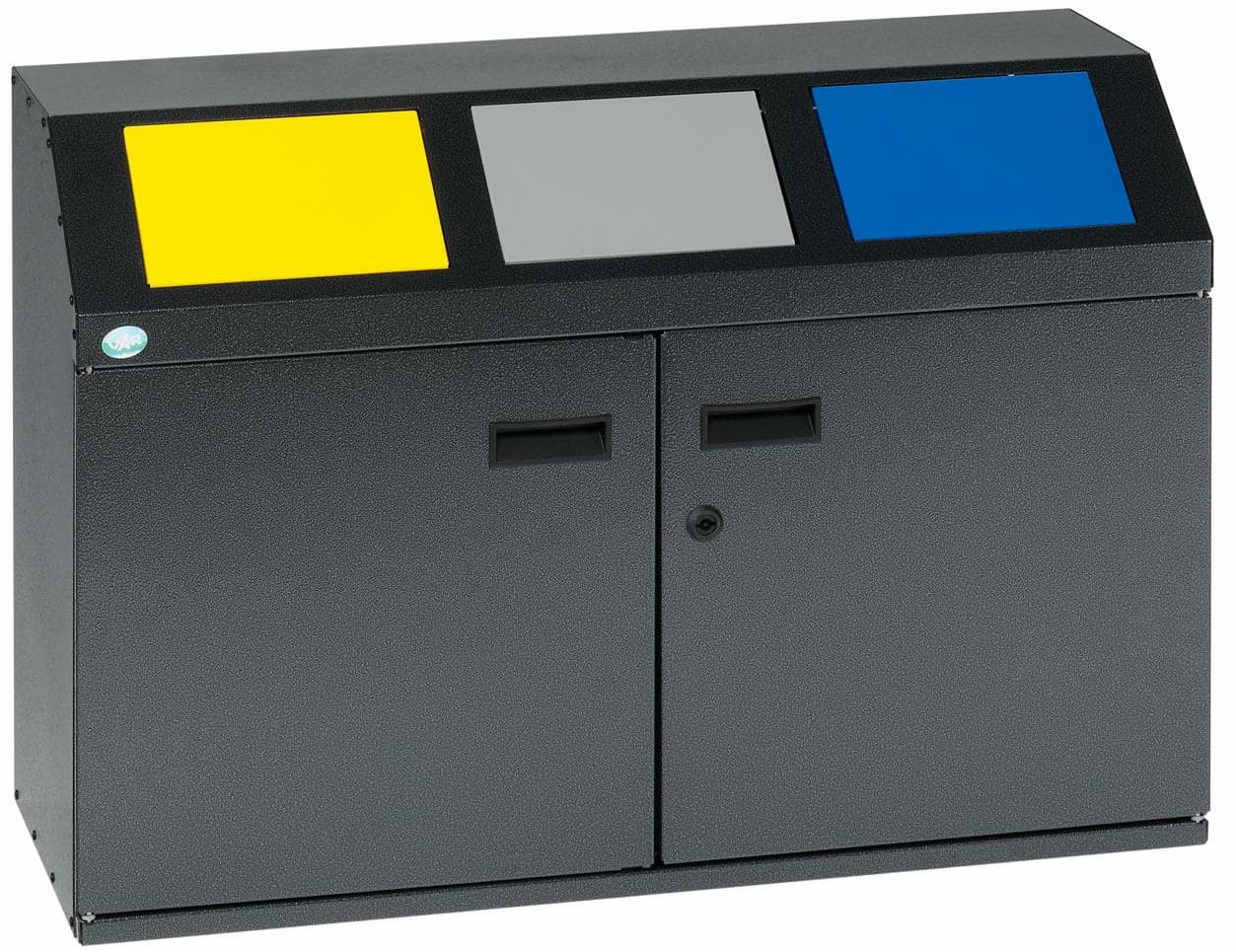 Bild von Wertstoffsammelstation WSS 50E Korpus antik-silber, Einwurfklappen gelb, silber, blau