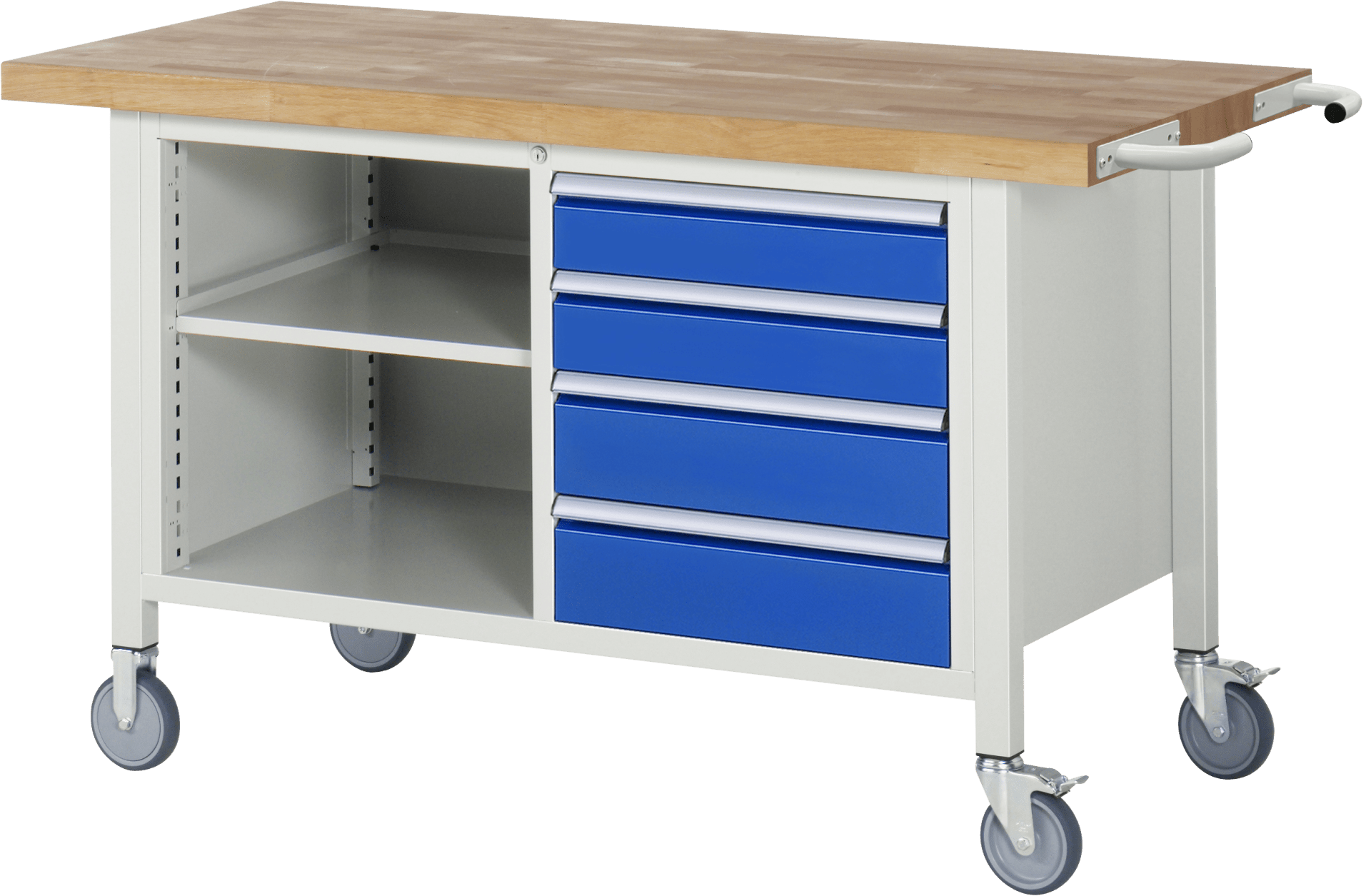 Fahrbare Werkbank Modell 8463, B 1500xT 700xH 880-1080mm, Buche-Massiv-Platte 40mm