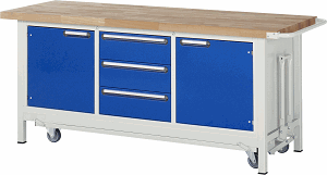 Bild von Werkbank mit absenkbarem Fahrgestell Modell 8569, B 2000xT 700xH 880mm, Buche-Massiv-Platte 40mm