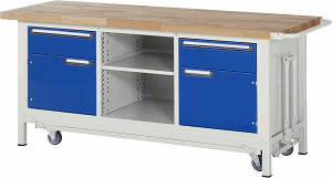 Bild von Werkbank mit absenkbarem Fahrgestell Modell 8561, B 2000xT 700xH 880mm, Buche-Massiv-Platte 40mm