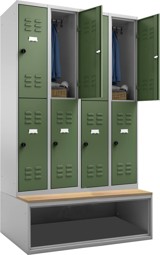 Bild von Garderobenschrank mit 2 Fächern übereinander, untergebautes Schuhfach mit Sitzbank aus Buche-Multiplex, 4 Abteile mit Abteilbreite 300 mm